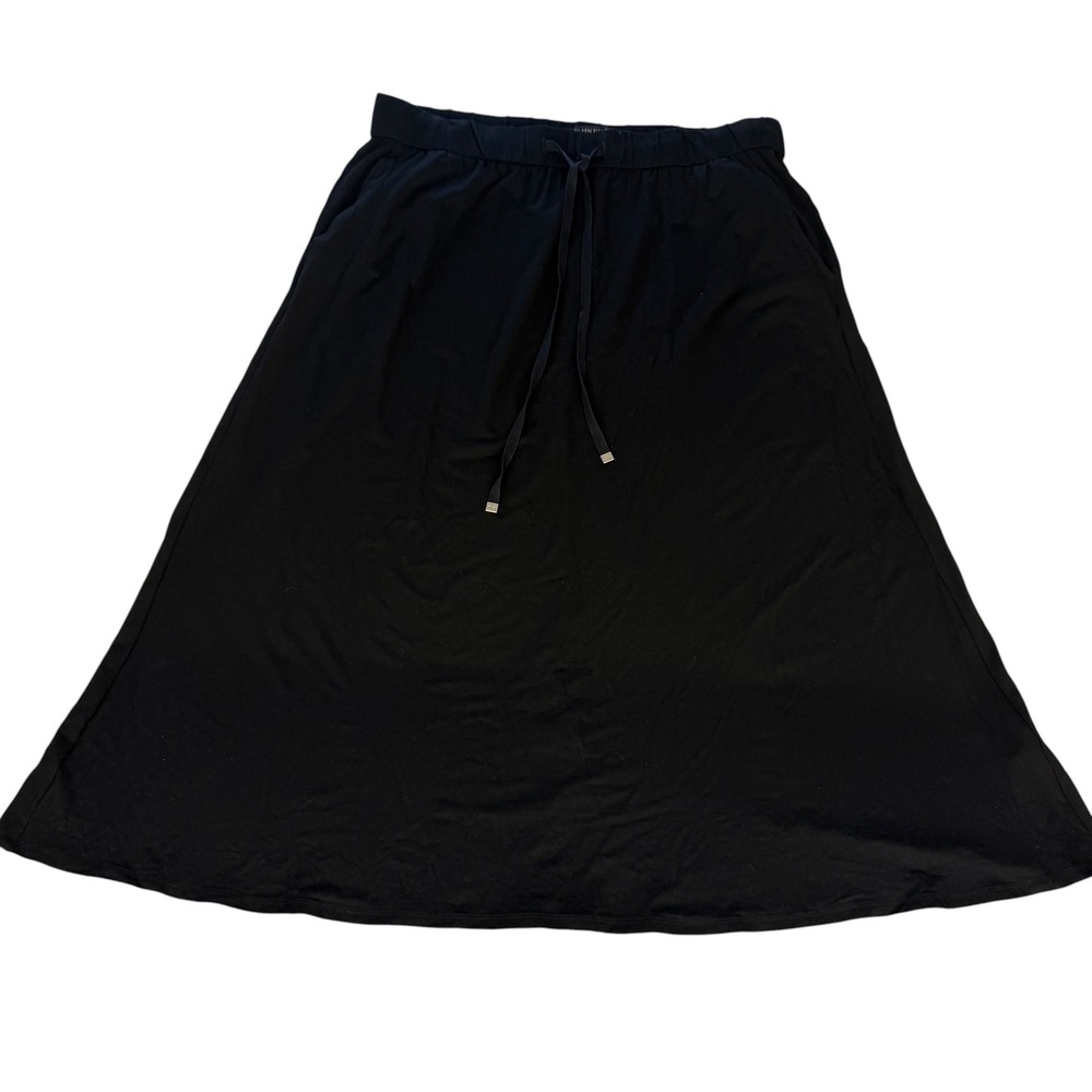 Eileen Fisher Womens Large Black Viscose Stretch Drawstring Midi Skirt Pockets